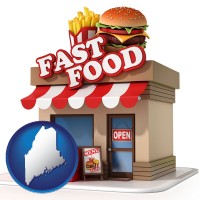 me map icon and a fast food restaurant